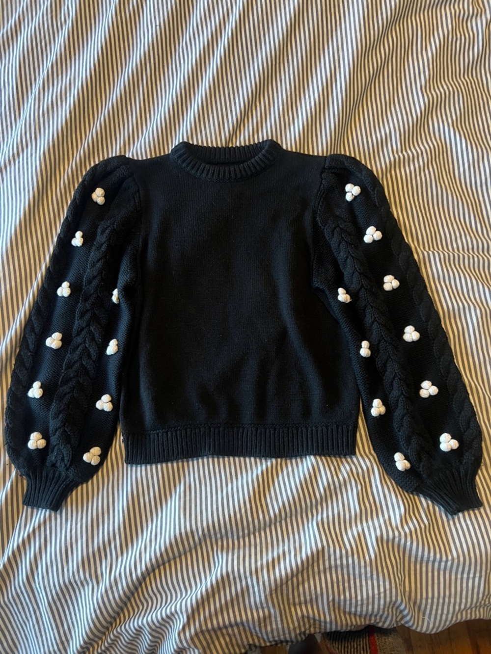 Shrimps Black Puff-Sleeve Crewneck Sweater with White Pom Cluster Details